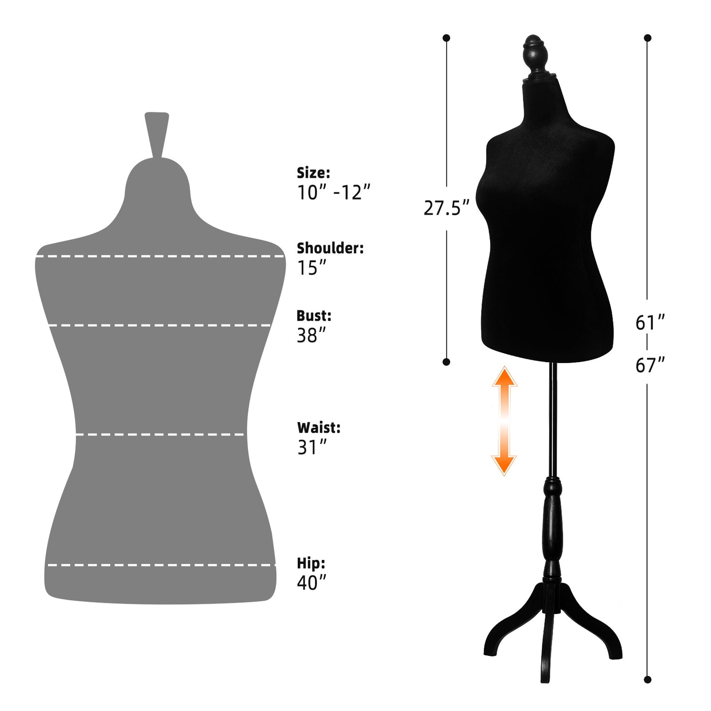 Plus size half-body foam sewing mannequin-black